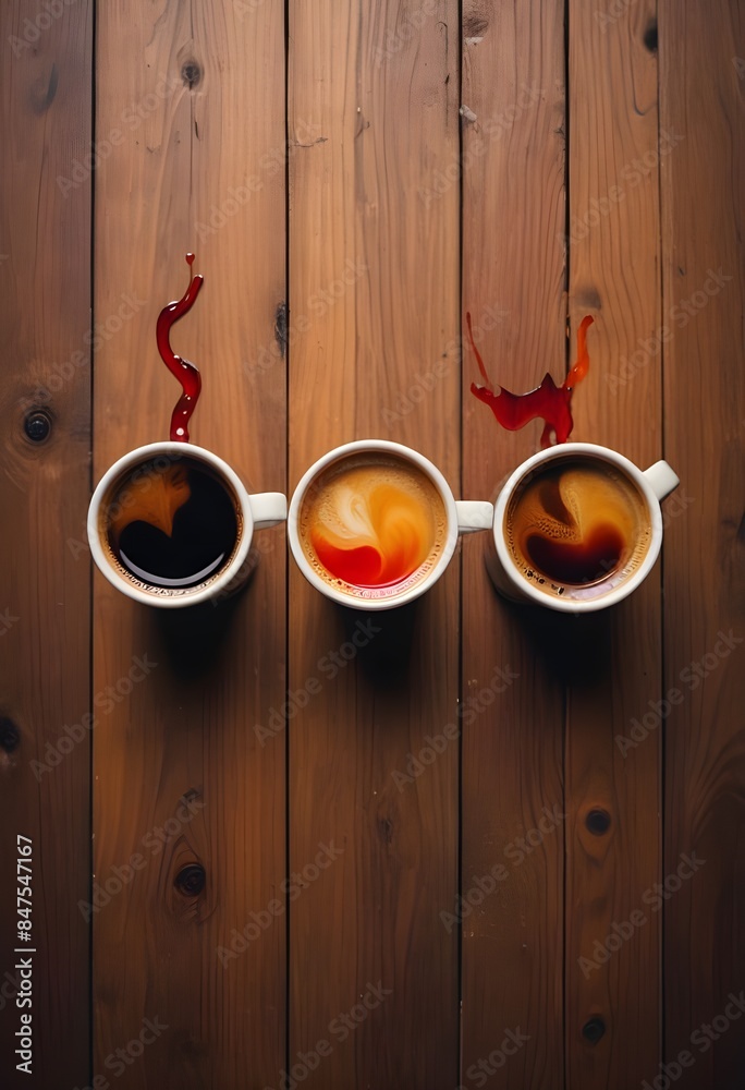 Three cups of coffee on a wooden table, each with a different colour liquid - black |orange| red Three cups of coffee on a wooden table, each with a different colour liquid - black |orange| red