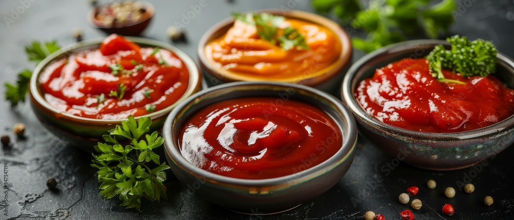 Rich tomato-based ketchup in assorted bowls, close-up, showcasing its sweet and spiced flavors, isolated on a black background with studio lighting Rich tomato-based ketchup in assorted bowls, close-up, showcasing its sweet and spiced flavors, isolated on a black background with studio lighting