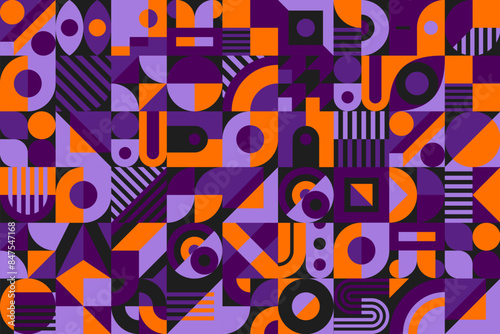 Abstract Halloween geometric pattern. Vector background featuring bold, contrasting shapes in orange and purple colors, evoking a mysterious and captivating ambiance perfect for the spooky season