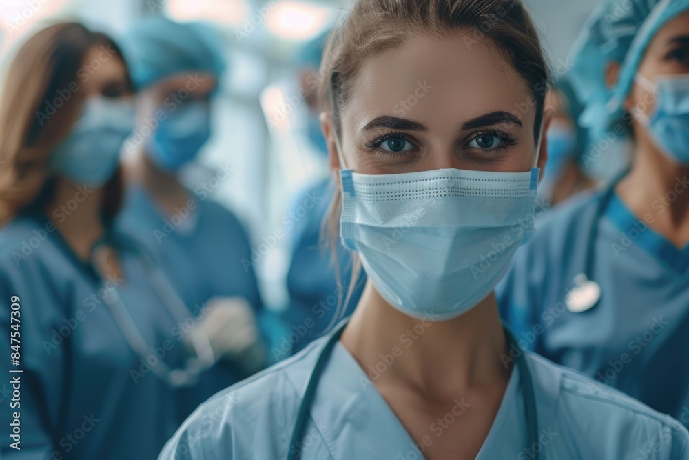 Confident nurse in mask with medical team during Covid 19. Confident nurse in mask with medical team during Covid 19.