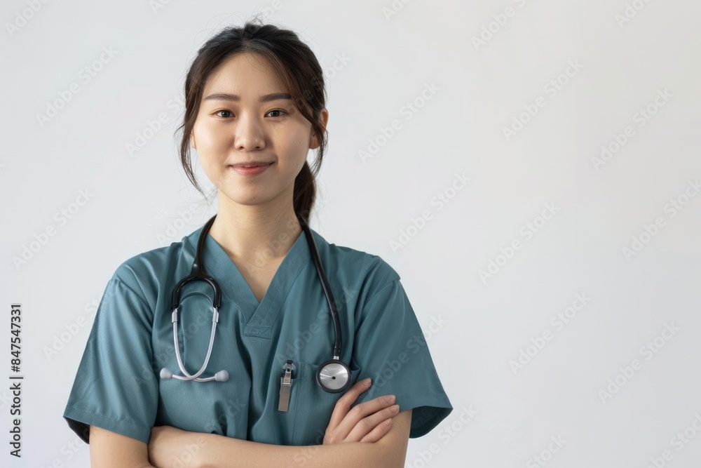 Confident Asian nurse in scrubs during Covid 19 pandemic. Confident Asian nurse in scrubs during Covid 19 pandemic.
