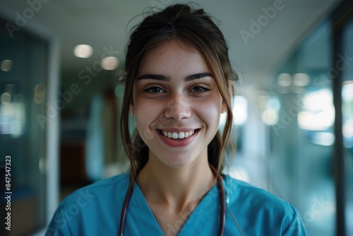 Friendly female healthcare professional in blue scrubs isolated background.