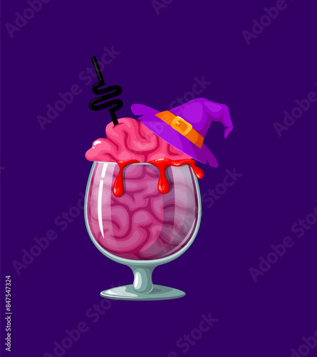 Halloween cocktail features a bleeding brain, complete with a witch hat and straw, creating chilling and delightful drink. Isolated cartoon vector spooky bar menu beverage for spooktacular party night
