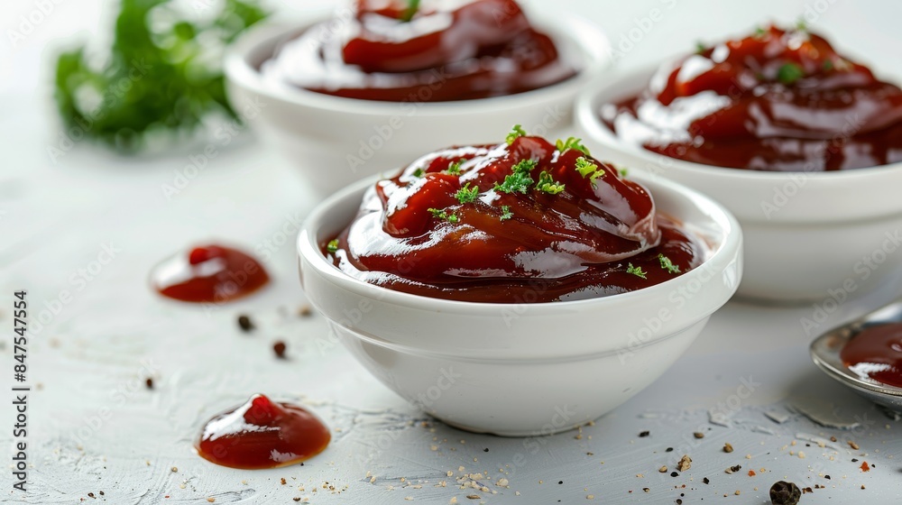 Rich, glossy ketchup in designer bowls, close-up, highlighting its sweet and spiced flavors, with a pristine white background and studio lighting Rich, glossy ketchup in designer bowls, close-up, highlighting its sweet and spiced flavors, with a pristine white background and studio lighting