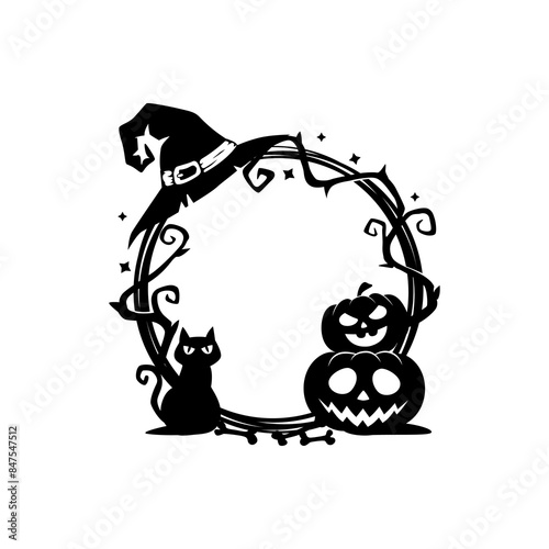 Halloween celebration scary black frame. Black magic or sorcery creepy frame, Halloween holiday spooky or horror vector border or background with witch or sorcerer hat, black cat and pumpkin lantern