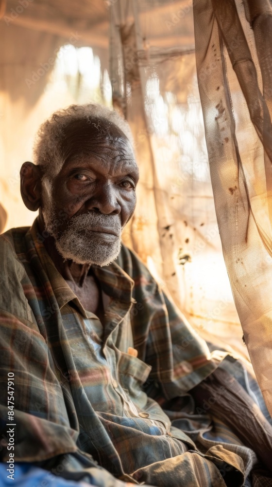 Naklejka premium African old man waking up in the morning