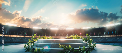 podium with laurel wreaths on modern open stadium, Olympic victory ceremony event