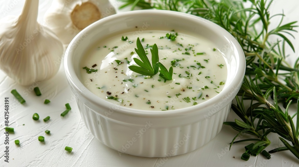 Ranch dressing poured into a dipping bowl, close-up showing smooth texture and herbs, isolated on a white background with crisp lighting Ranch dressing poured into a dipping bowl, close-up showing smooth texture and herbs, isolated on a white background with crisp lighting