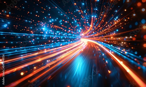 Dynamic high-speed data network: glossy black surfaces intersected by bright red and blue neon lines in motion