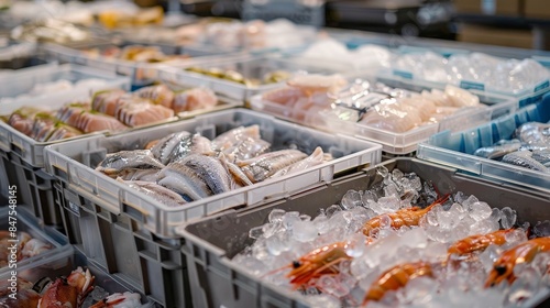 Refrigerated section with packed crates of frozen seafood in plastic packages, ready for shipment to grocery markets