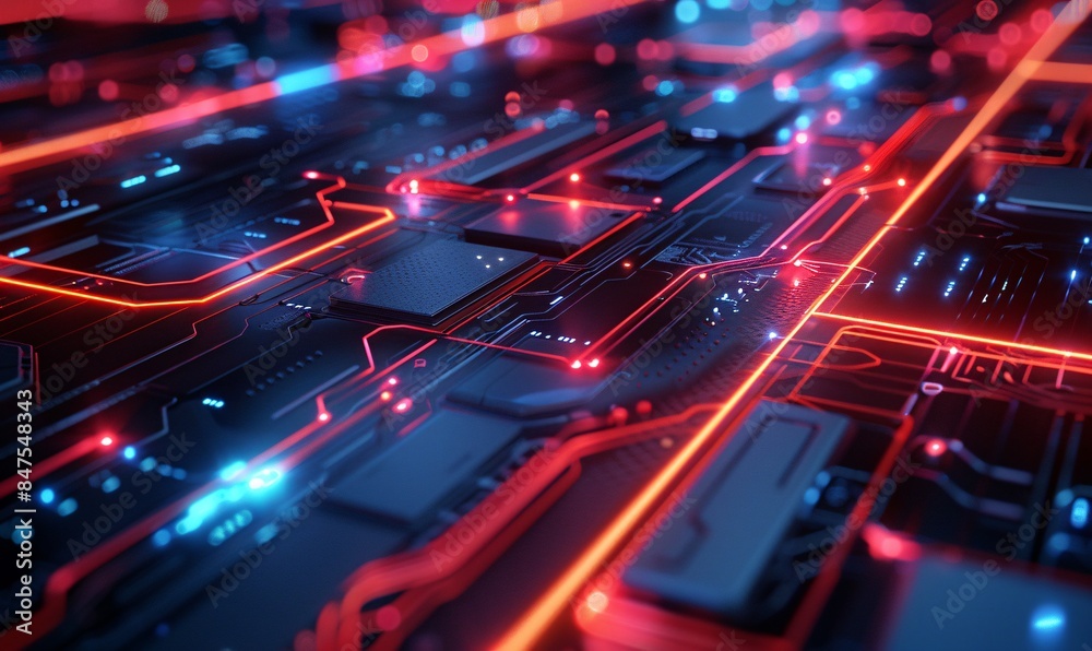 Futuristic design of sleek black surfaces with intersecting glowing red and blue neon lines, symbolizing rapid data network flow. Futuristic design of sleek black surfaces with intersecting glowing red and blue neon lines, symbolizing rapid data network flow.
