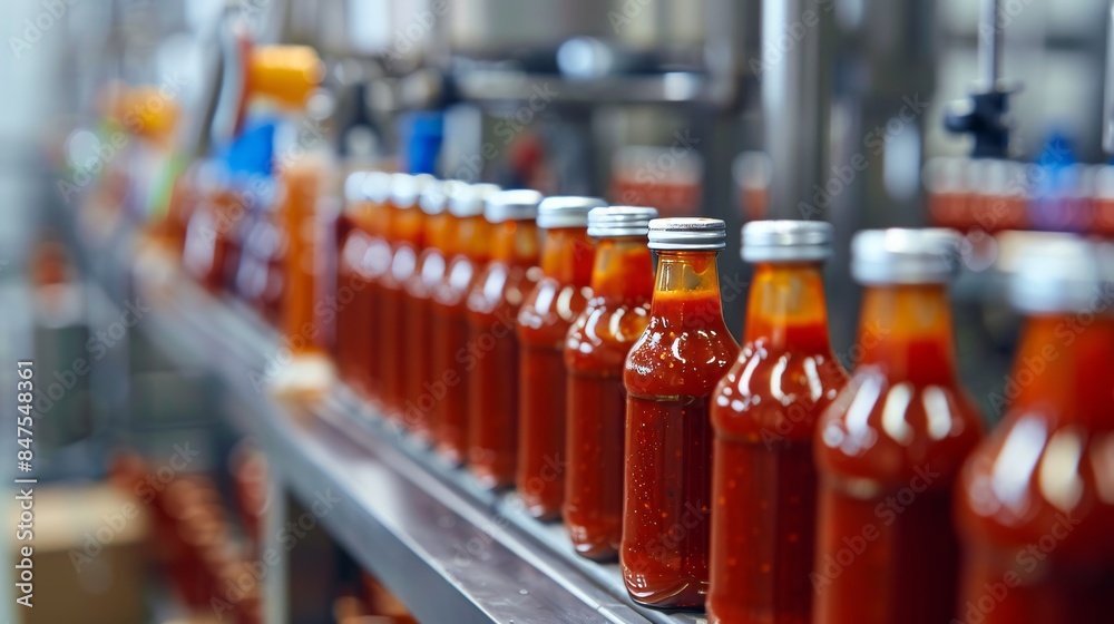 Pristine modern factory with automated robots, barbecue sauce being bottled, immaculate conditions, efficient production line Pristine modern factory with automated robots, barbecue sauce being bottled, immaculate conditions, efficient production line