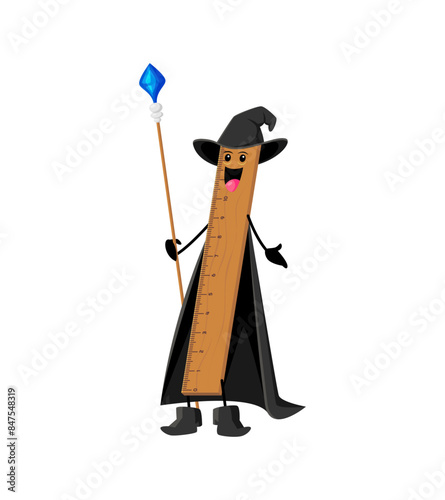 Cartoon Halloween school ruler stationery mage, wizard and witch character. Isolated vector whimsical personage in a magical robe wielding a staff, casting spells in a classroom enchantment adventure