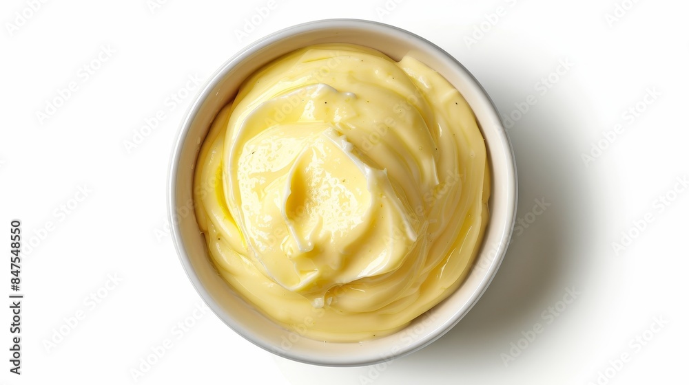 Hollandaise Sauce top view, silky and buttery, in a clean bowl, perfect for gourmet advertising, on a pure white background with studio lighting Hollandaise Sauce top view, silky and buttery, in a clean bowl, perfect for gourmet advertising, on a pure white background with studio lighting