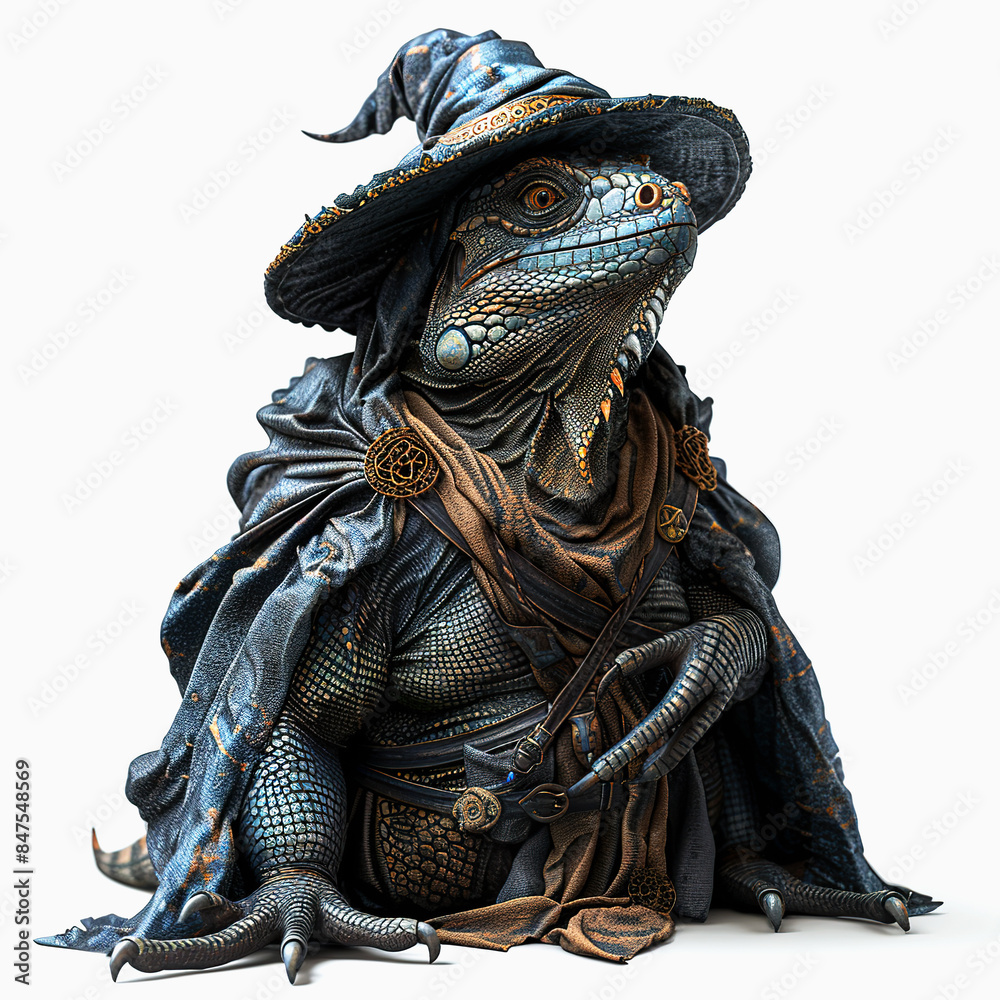 Obraz premium 3D style Iguana wizard cartoon character wearing magic robe and magic hat. Realistic Iguana magician