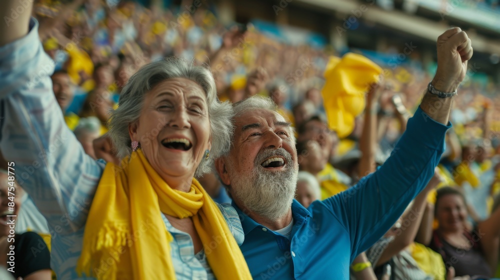 portrait of a happy couple of Caucasian pensioners rejoicing at the team's success at a football stadium with their hands up portrait of a happy couple of Caucasian pensioners rejoicing at the team's success at a football stadium with their hands up
