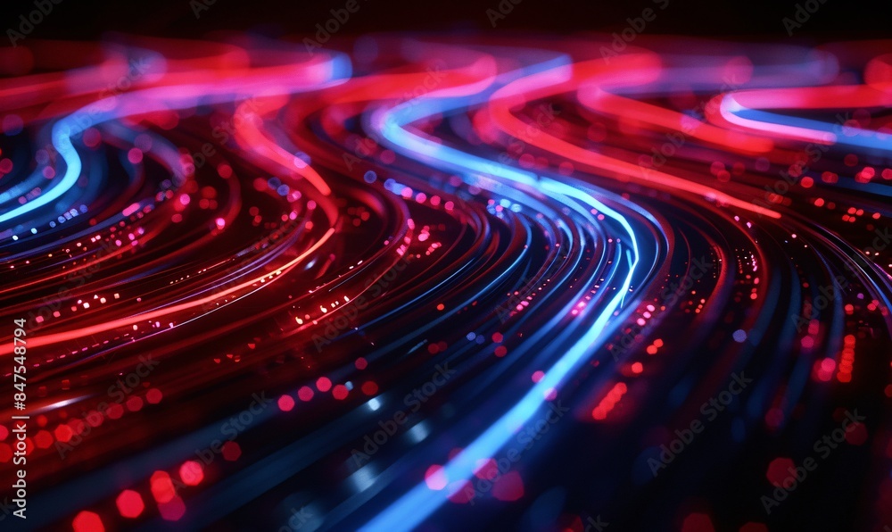 Glossy black surfaces crisscrossed by vibrant red and blue neon lines, illustrating a fast-moving data network Glossy black surfaces crisscrossed by vibrant red and blue neon lines, illustrating a fast-moving data network