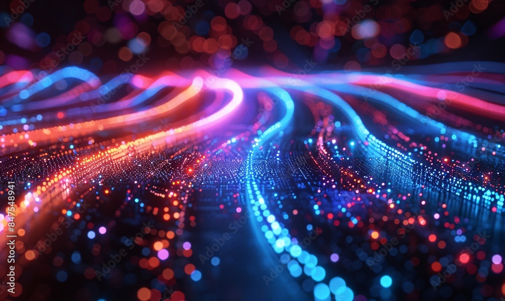 Glossy black surfaces crisscrossed by vibrant red and blue neon lines, illustrating a fast-moving data network Glossy black surfaces crisscrossed by vibrant red and blue neon lines, illustrating a fast-moving data network