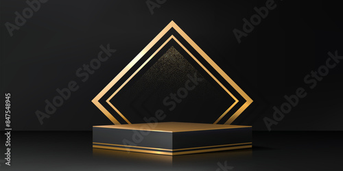 Black podium stage with golden frame and sparkles. Realistic 3d vector mockup of square platform for product presentation in studio. Background with rectangular stand, luxurious geometric scene design