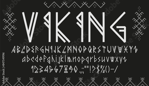 Viking font, nordic rune type, ethnic scandinavian typeface, norse epic alphabet. Vector white latin abc uppercase and lowercase letters, numbers and punctuation marks inspired by nordic runes script