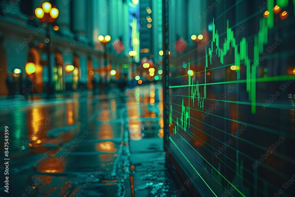 Stock market chart on a screen in a city at night. Stock market chart on a screen in a city at night.