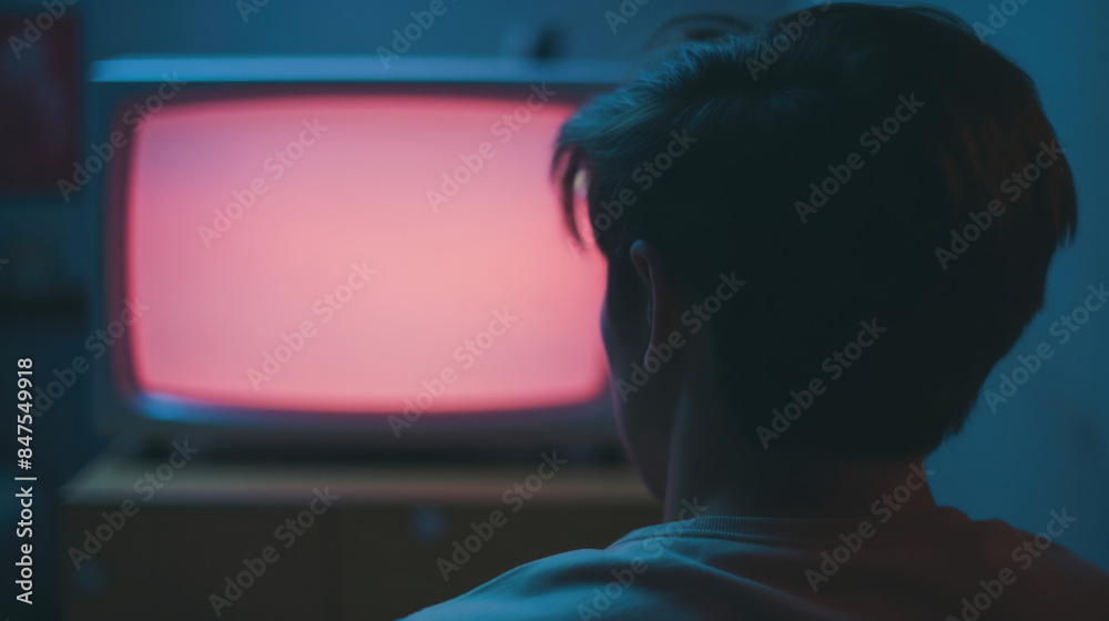 男, 男性, テレビ, モニター, パソコン, 画面, 映像, テレビを見る男性, 男性の後ろ姿, 後頭部, テクノロジー, Man, male, television, monitor, computer, screen, image, man watching television, male back view, back of man's head, technology