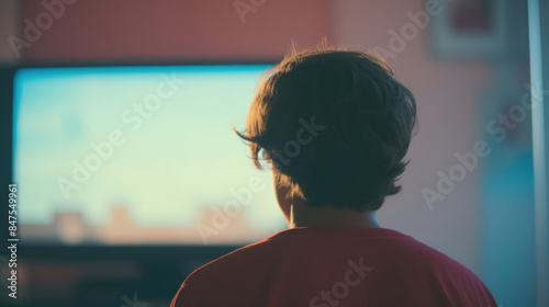 男, 男性, テレビ, モニター, パソコン, 画面, 映像, テレビを見る男性, 男性の後ろ姿, 後頭部, テクノロジー, Man, male, television, monitor, computer, screen, image, man watching television, male back view, back of man's head, technology