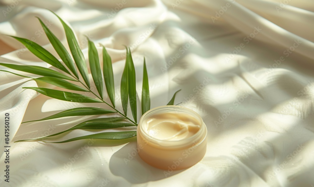 Elegant scene with lip balms and a palm leaf resting on white fabric, closeup view with plenty of space for text Elegant scene with lip balms and a palm leaf resting on white fabric, closeup view with plenty of space for text