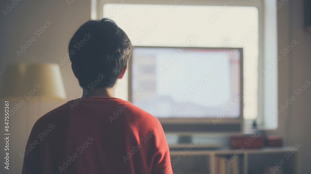 男, 男性, テレビ, モニター, パソコン, 画面, 映像, テレビを見る男性, 男性の後ろ姿, 後頭部, テクノロジー, Man, male, television, monitor, computer, screen, image, man watching television, male back view, back of man's head, technology