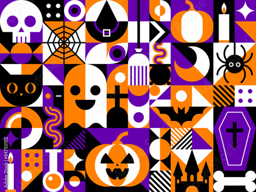 Halloween modern abstract bauhaus geometric pattern, features bold shapes, vibrant colors, and clean lines, merging spooky elements such as skull, pumpkin, ghost and castle, bat, coffin or spider web