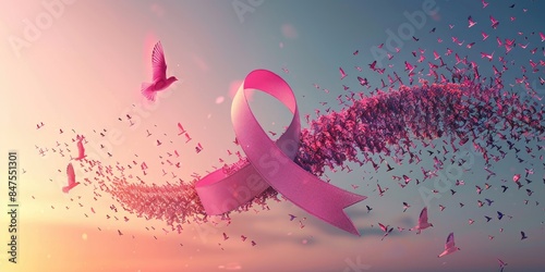 Pink ribbon flying amidst a flock of birds during sunset, representing breast cancer awareness, hope, support, and unity against the disease