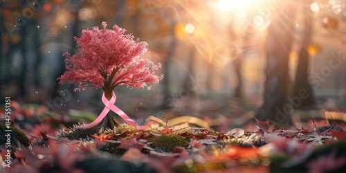 A small pink tree with a pink ribbon symbolizing breast cancer awareness in a serene autumn forest during sunrise, highlighting hope, survival, and support for cancer patients