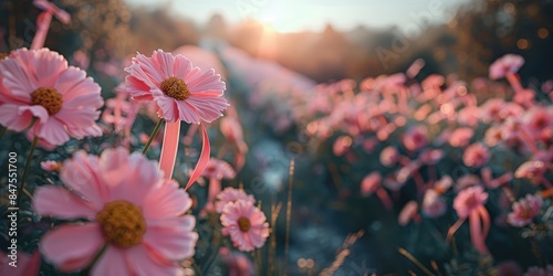 Field of Pink Daisies at Sunset, Blooming in the Warm Evening Light, Capturing Nature's Beauty