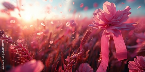 Close-Up of Pink Flowers with Ribbon in a Sunlit Field, Symbolizing Hope and Remembrance