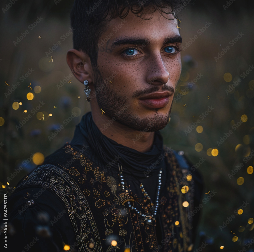 handsome 28 year old male, black hair, blue eyes, shaved face, soft smile, tall and muscled, ancient ornate royal black clothing, firefly lights, meadow at night handsome 28 year old male, black hair, blue eyes, shaved face, soft smile, tall and muscled, ancient ornate royal black clothing, firefly lights, meadow at night