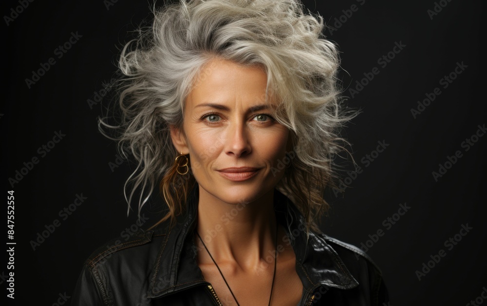 A woman with a messy hairdo and a black jacket. She is smiling and wearing a necklace A woman with a messy hairdo and a black jacket. She is smiling and wearing a necklace