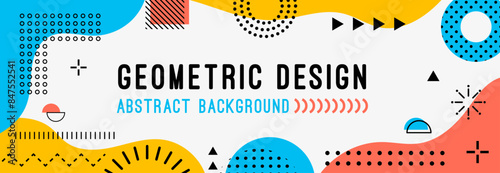 80s 90s geometric memphis banner. Modern abstract vector background, dynamic layout features geometric design with Memphis hipster style shapes and patterns in bright yellow, blue, and red colors
