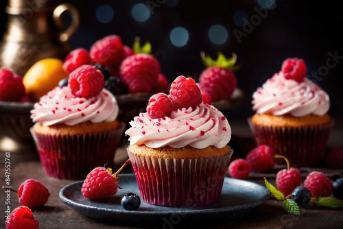 Fancy pink raspberry cupcake with frosting, gourmet dessert cake
