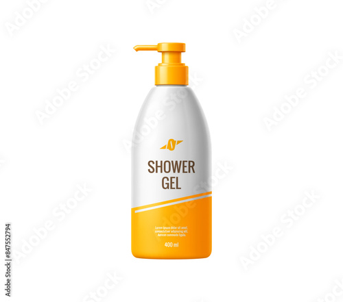 Shower gel bottle package cosmetic product template. Isolated realistic 3d vector pump bottle mockup with white and yellow color scheme. Professional line packaging for beauty and cosmetics industry