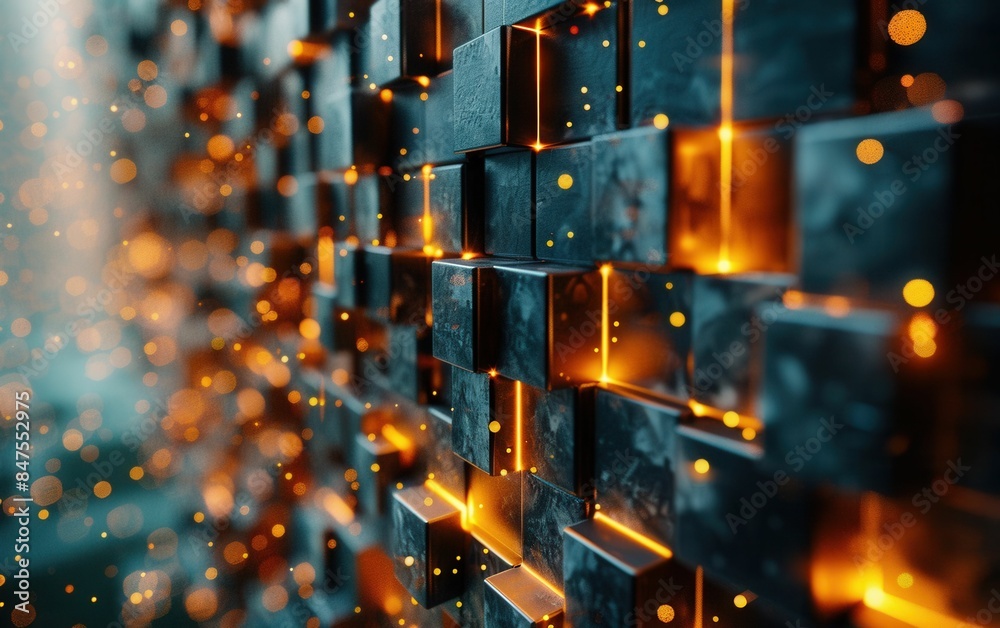 Obraz premium A wall of black cubes with orange lights shining on them. The wall is made of metal and has a futuristic look to it. The orange lights give the wall a warm and inviting feeling