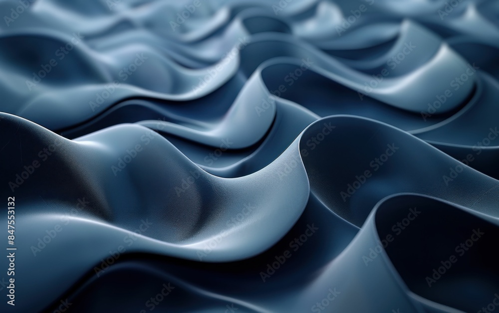 Obraz premium The image is a close up of a blue fabric with a wave pattern. The fabric is made of a shiny material that looks like it's made of plastic. The waves are very close together, creating a sense of depth