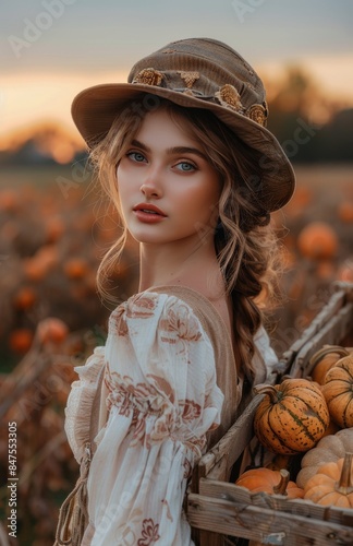 Young Woman in Straw Hat Holding Crate of Pumpkins at Sunset