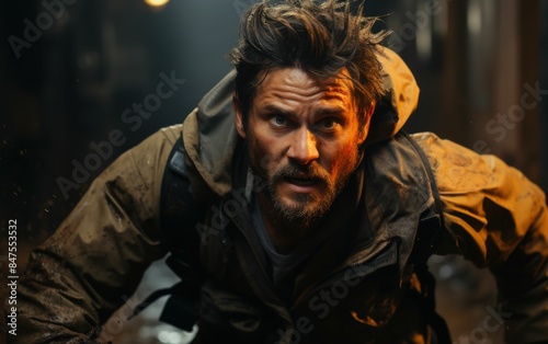 A man in a brown jacket is running and looking at the camera. He is wearing a backpack and he is in a hurry