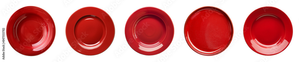 Collection of empty red plate isolated on a transparent background, top view, cut out, PNG Collection of empty red plate isolated on a transparent background, top view, cut out, PNG