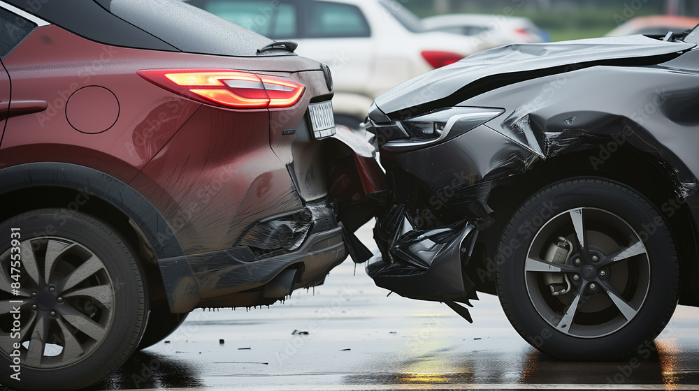Accident between two cars. Cars stand next to each other, side view. Bumpers damaged Accident between two cars. Cars stand next to each other, side view. Bumpers damaged