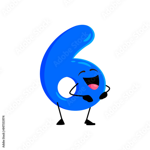 Cartoon math number six character. Isolated vector cute and funny laughing arithmetic, mathematics educational digit 6 personage with a cheerful adorable face, rounded shape, and vibrant blue color