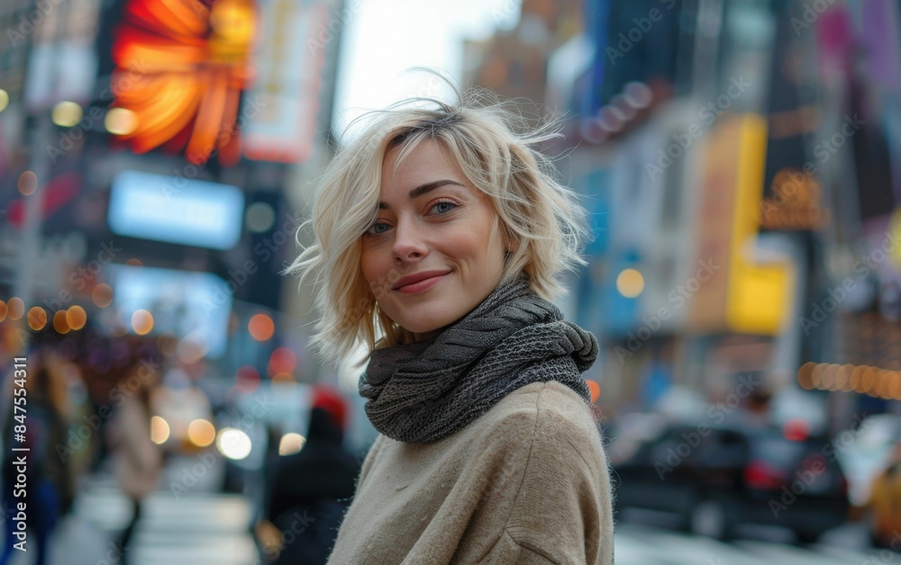 A woman with blonde hair is standing in the middle of a busy city street. She is wearing a scarf and smiling. The scene is bustling with activity, with cars and pedestrians all around her A woman with blonde hair is standing in the middle of a busy city street. She is wearing a scarf and smiling. The scene is bustling with activity, with cars and pedestrians all around her