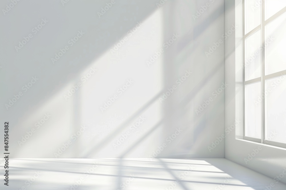 Minimalistic white room with sunlight through window for product presentation Minimalistic white room with sunlight through window for product presentation