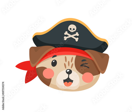 Cartoon puppy dog animal pirate and corsair face. Sailor and captain, skipper and boatswain kawaii pet character. Isolated vector personage with adorable tricorn hat for baby shower card, book or game