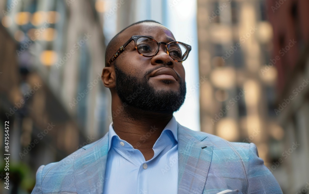 A man wearing glasses and a blue suit is standing in front of a building. He looks serious and focused A man wearing glasses and a blue suit is standing in front of a building. He looks serious and focused